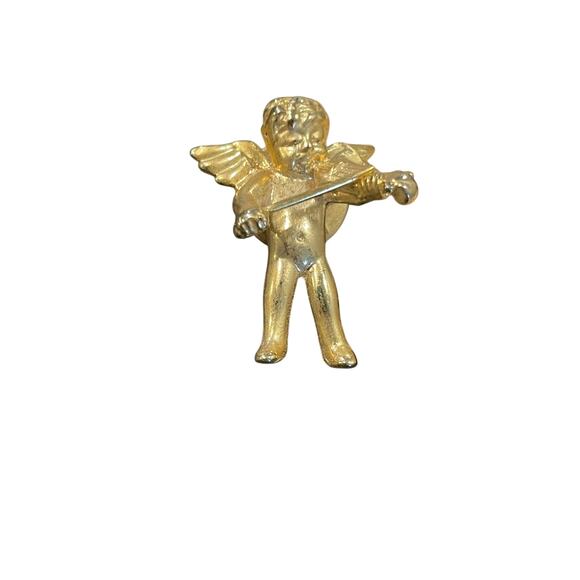 Vintage Gold Tone Angel Cherub pin brooch wing angel violin player collectible - Picture 2 of 7
